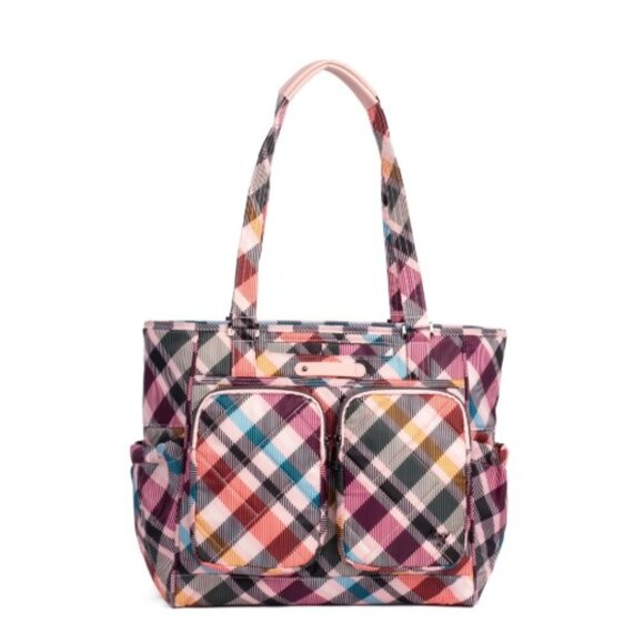 Lug Trotter Tote Bag Pink Plaid with matching Lug Drizzle Mini Zip Storage Pouch - Picture 1 of 16